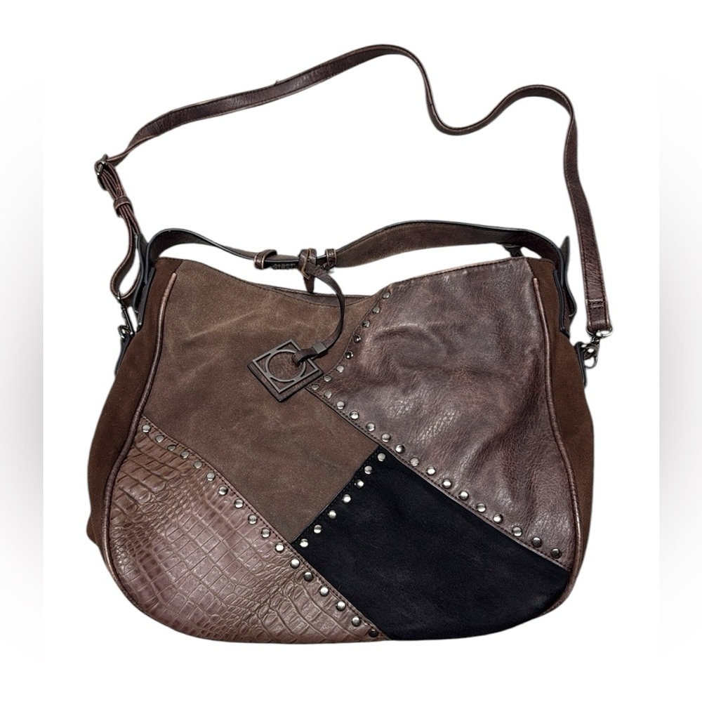 Brown Black patchwork studded faux leather and suede hobo crossbody bag purse